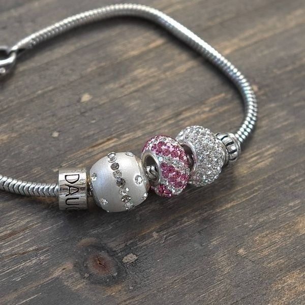 Sterling Silver Charm Bracelet With 5 Beads Daughter Crystals Pink Spacer 14g