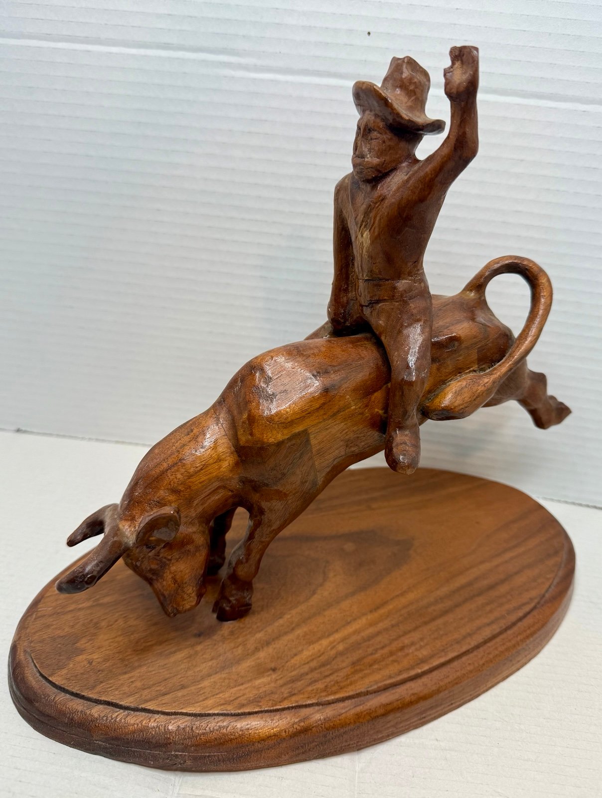 Cowboy on Bull Vintage Carved Wooden Figurine Rodeo Rider Hand made