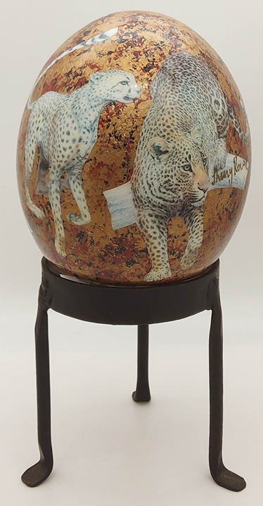 Signed Sherry Rowe Ostrich Egg African Safari Animals: Cheetah, Zebra, Giraffe