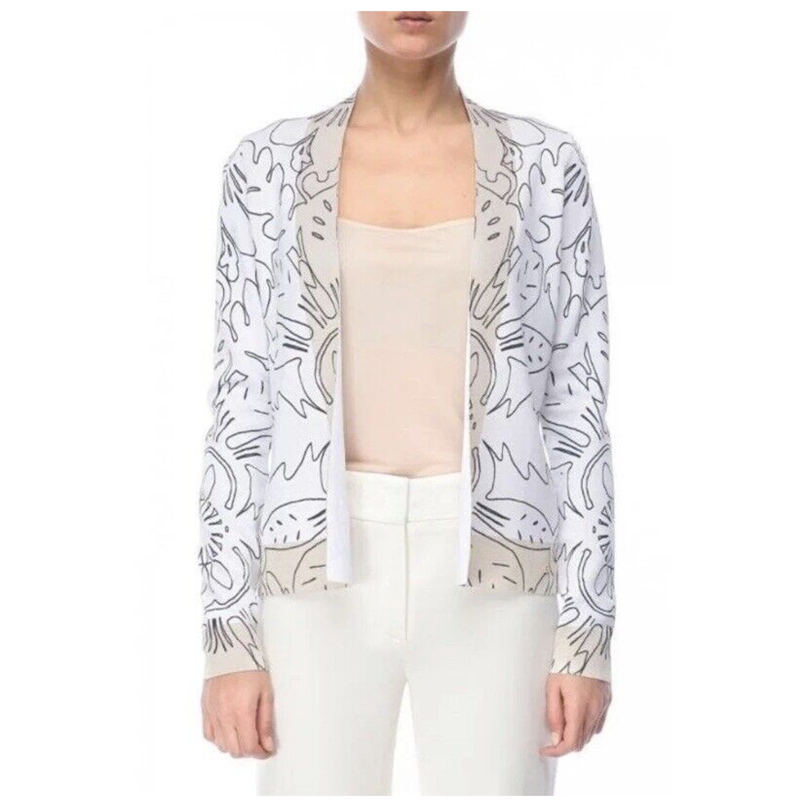 Escada White and Black Pattern Gold Trim Cardigan