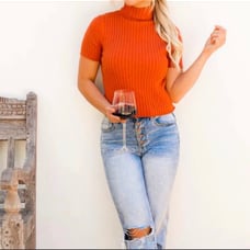 OLSEN EUROPE 90’s Orange Wool Blend Ribbed Short Sleeve Turtleneck Large