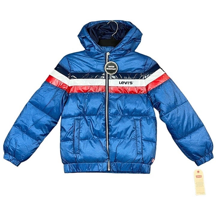 Levis Boys Full Zip Puffer Jacket Size S 8-10 Blue Multic Water Resistant Hooded