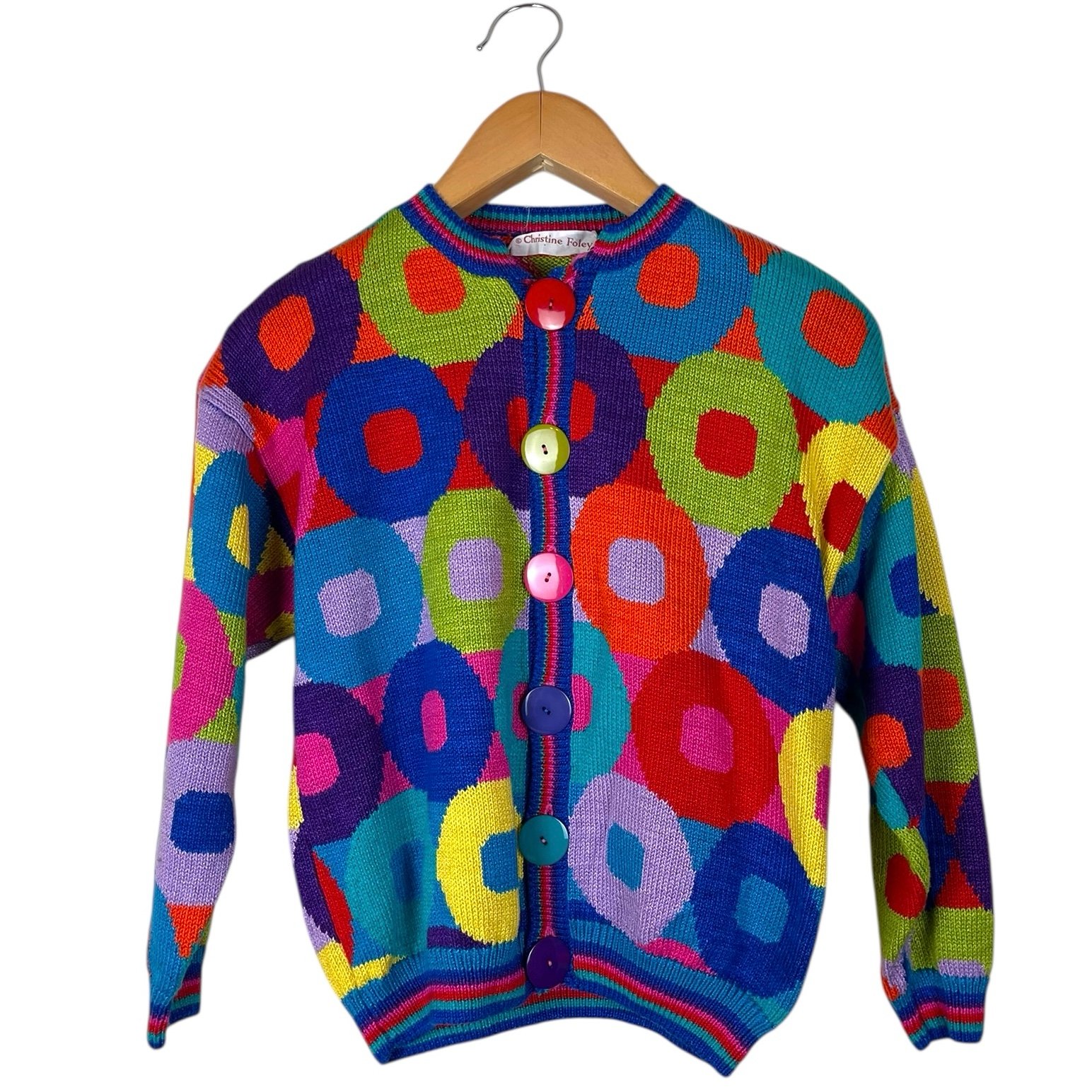 Vintage Christine Foley Knit Colorful Polka Dot Cardigan Sweater Buttons Size 12
