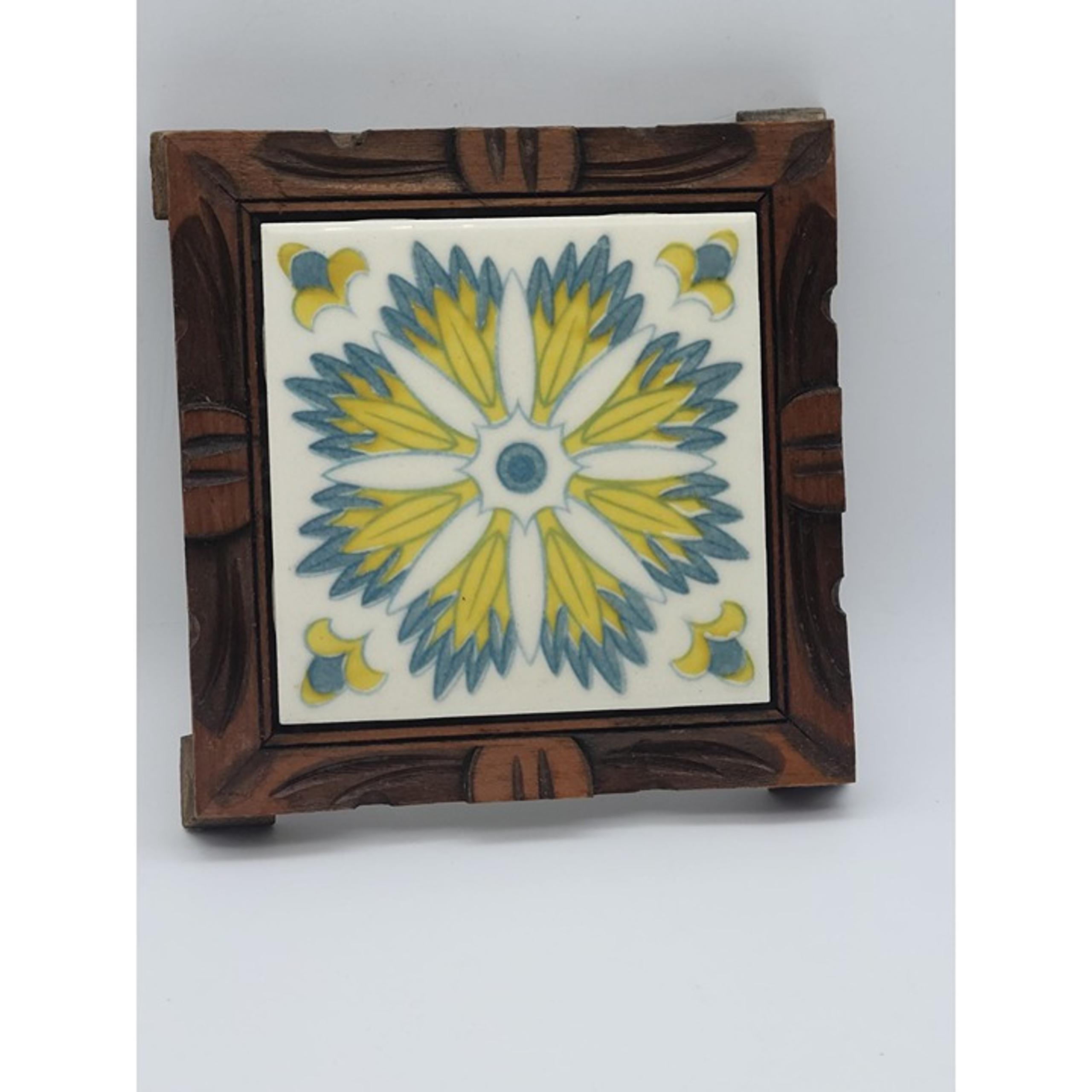 Vintage Mexican Talavera Tile Trivet Hand-Carved Wooden Frame 6"x6" Boho