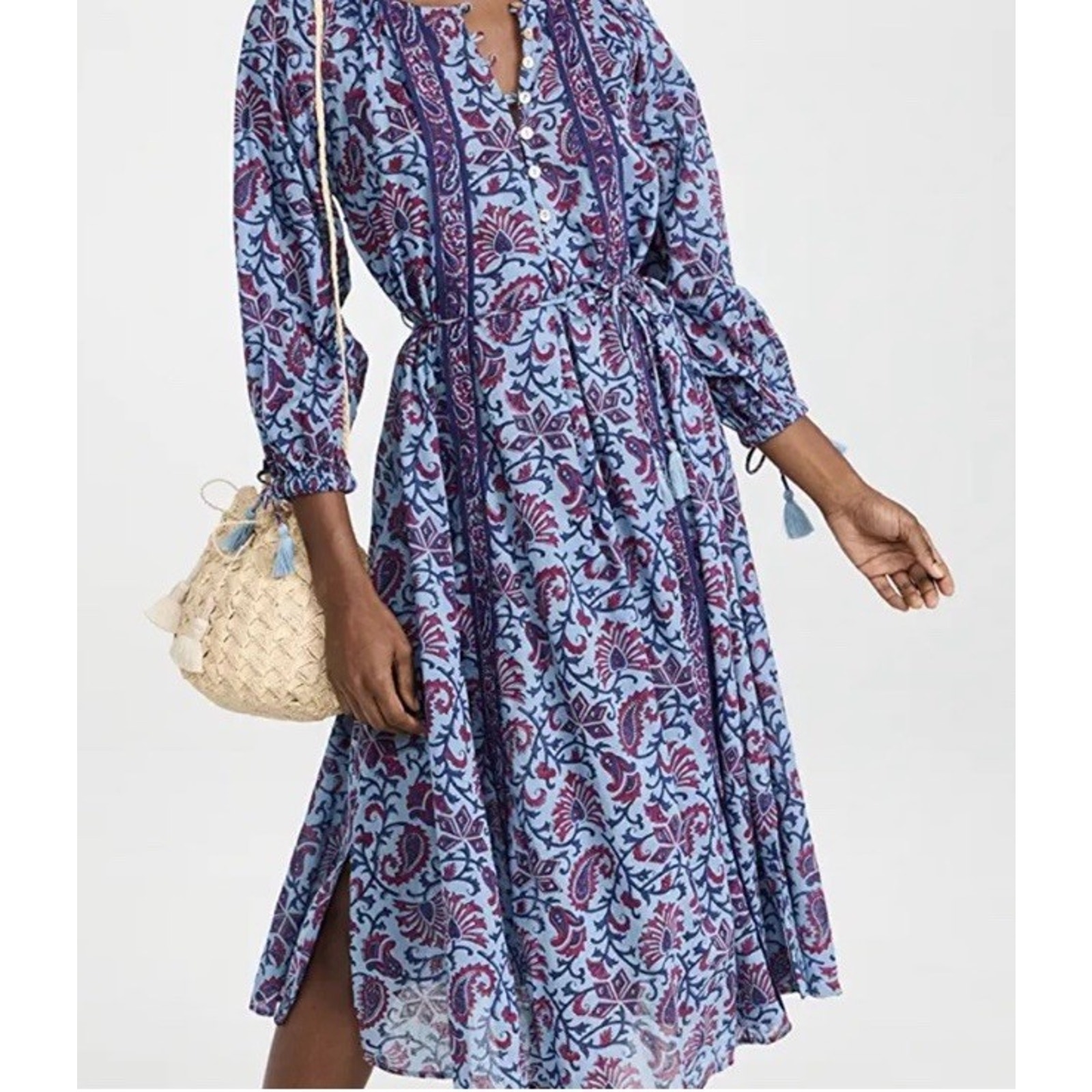 Cleobella Faith Caftan Midi Dress India Vintage Print Ties Size S
