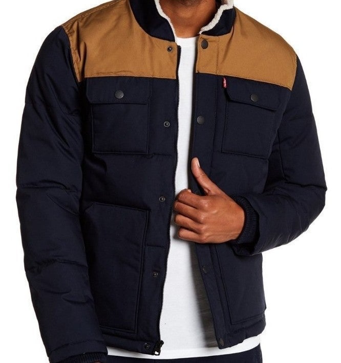 NEW Levi's Mens Quilted Navy Blue/Brown Woodsman Puffer Jacket Large Brand New