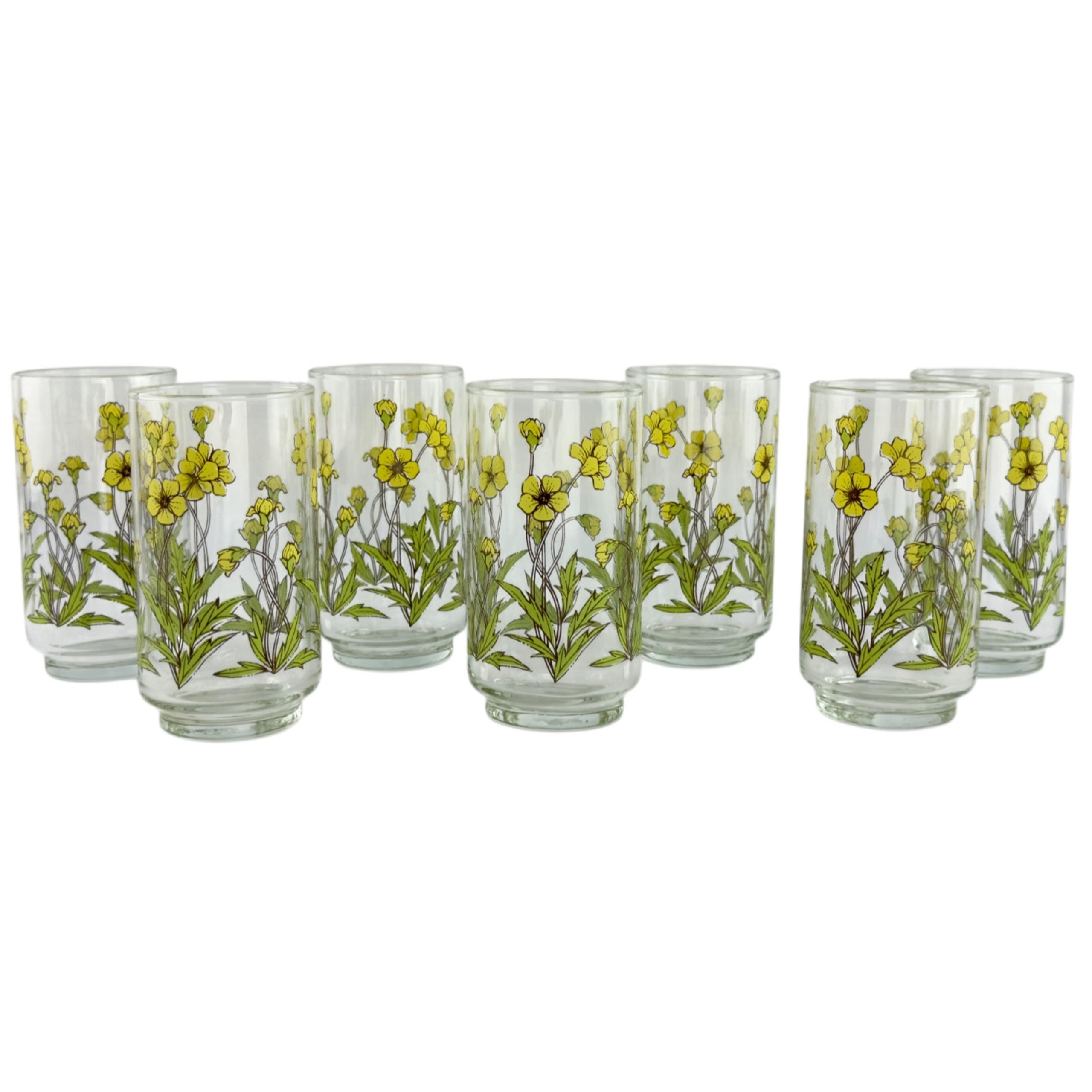 Set of 7 Vintage Libbey Clear Glass Tumbler Juice Drinking Glass Yellow Flowers