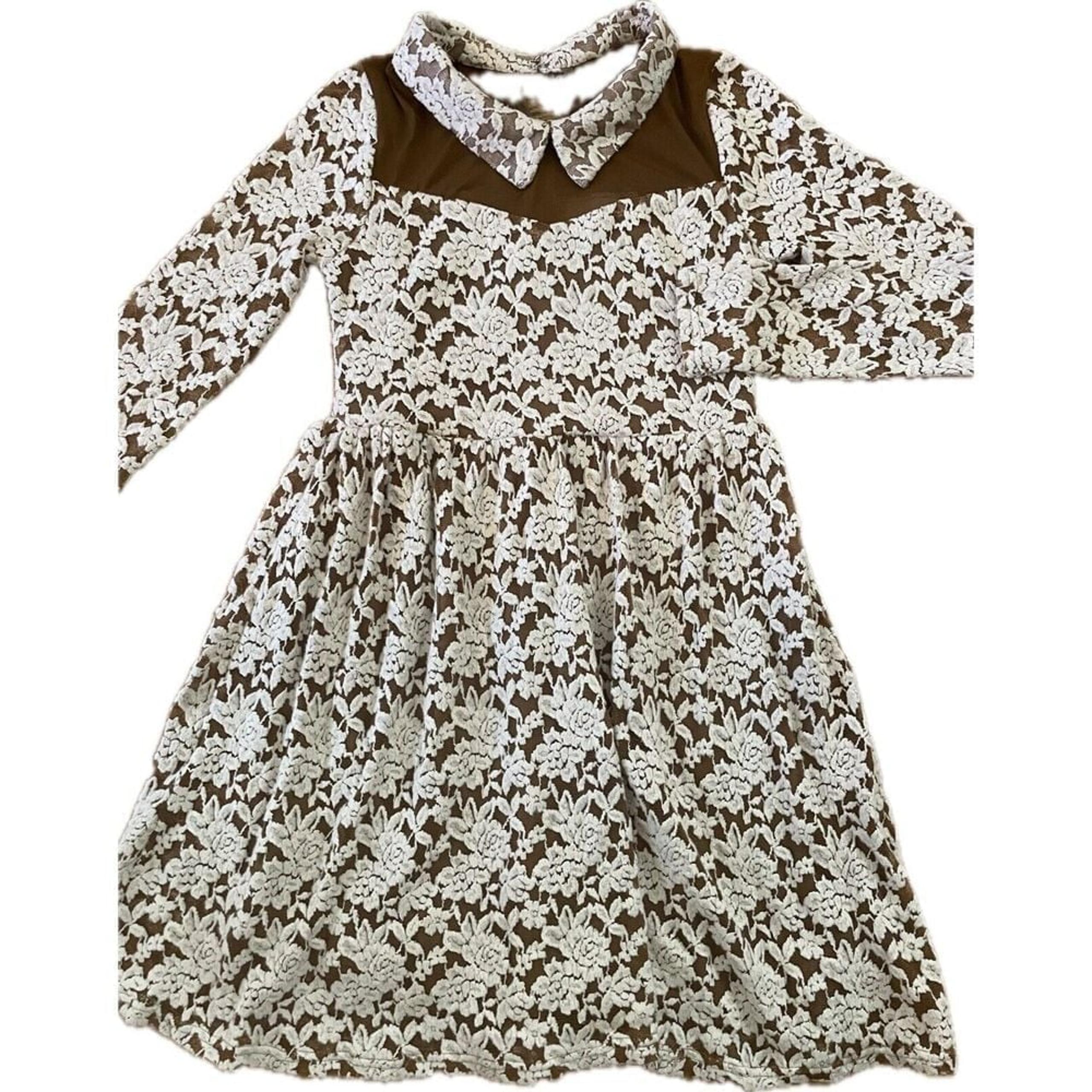 A'reve $129 Women's Long Sleeve Floral Dress Collared Keyhole Back Brown Small