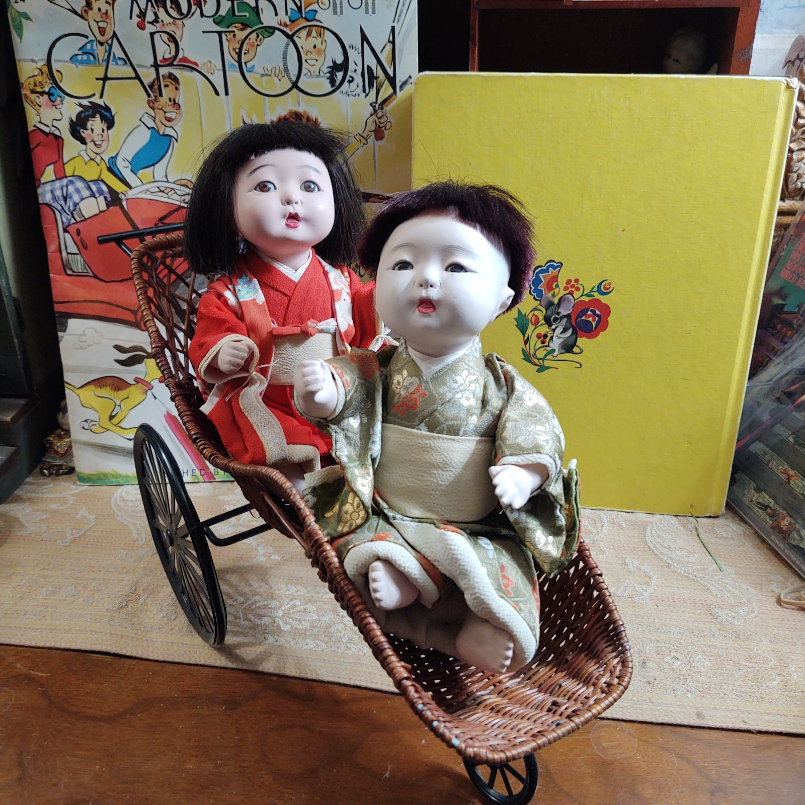 Pair of Japanese Ichimatsu Clay Composition Baby Dolls Boy & Girl with Stroller