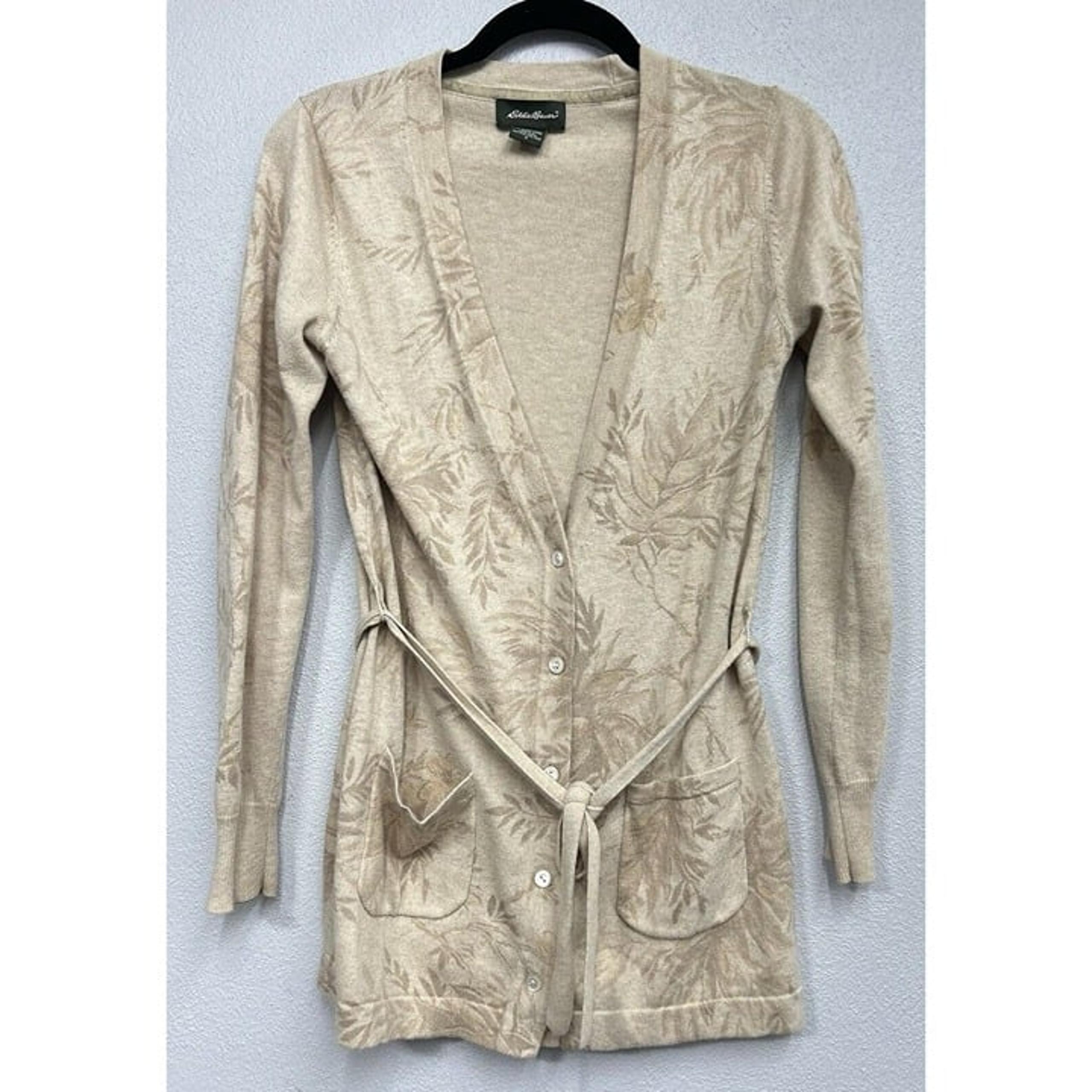 Eddie Bauer Cardigan Sweater Woman's Size Small Cashmere Floral Belted Pockets