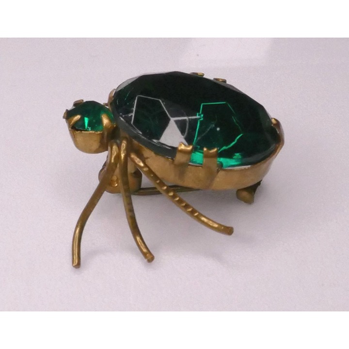 Antique Green Bodied Insect Brooch Foil Backed Stones In Brass