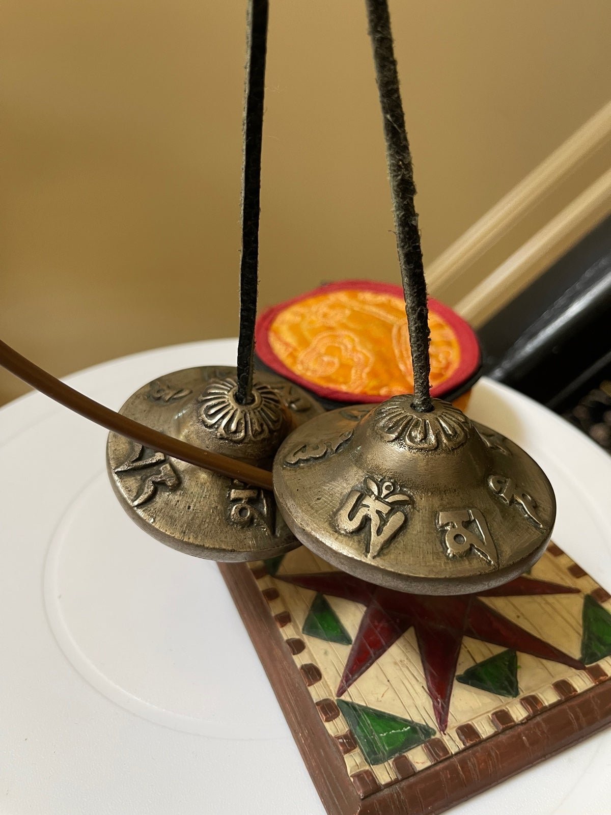 Hand Carved Brass Leather String Buddhist Tingsha Cymbal Sound Therapy Vntg