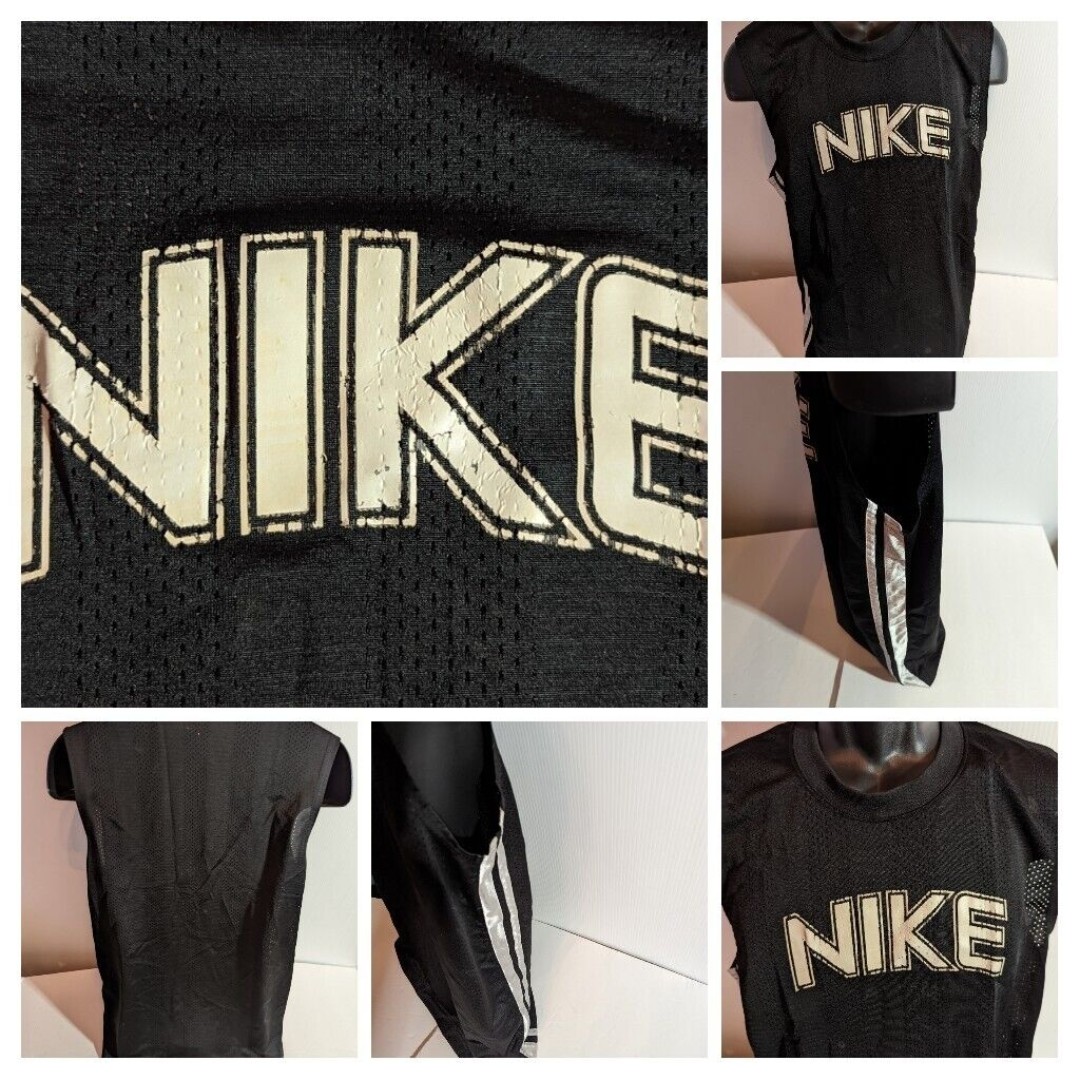 Vintage Nike Logo Basketball Jersey Mens Med 80s Black Team stripe Mesh Tank Top