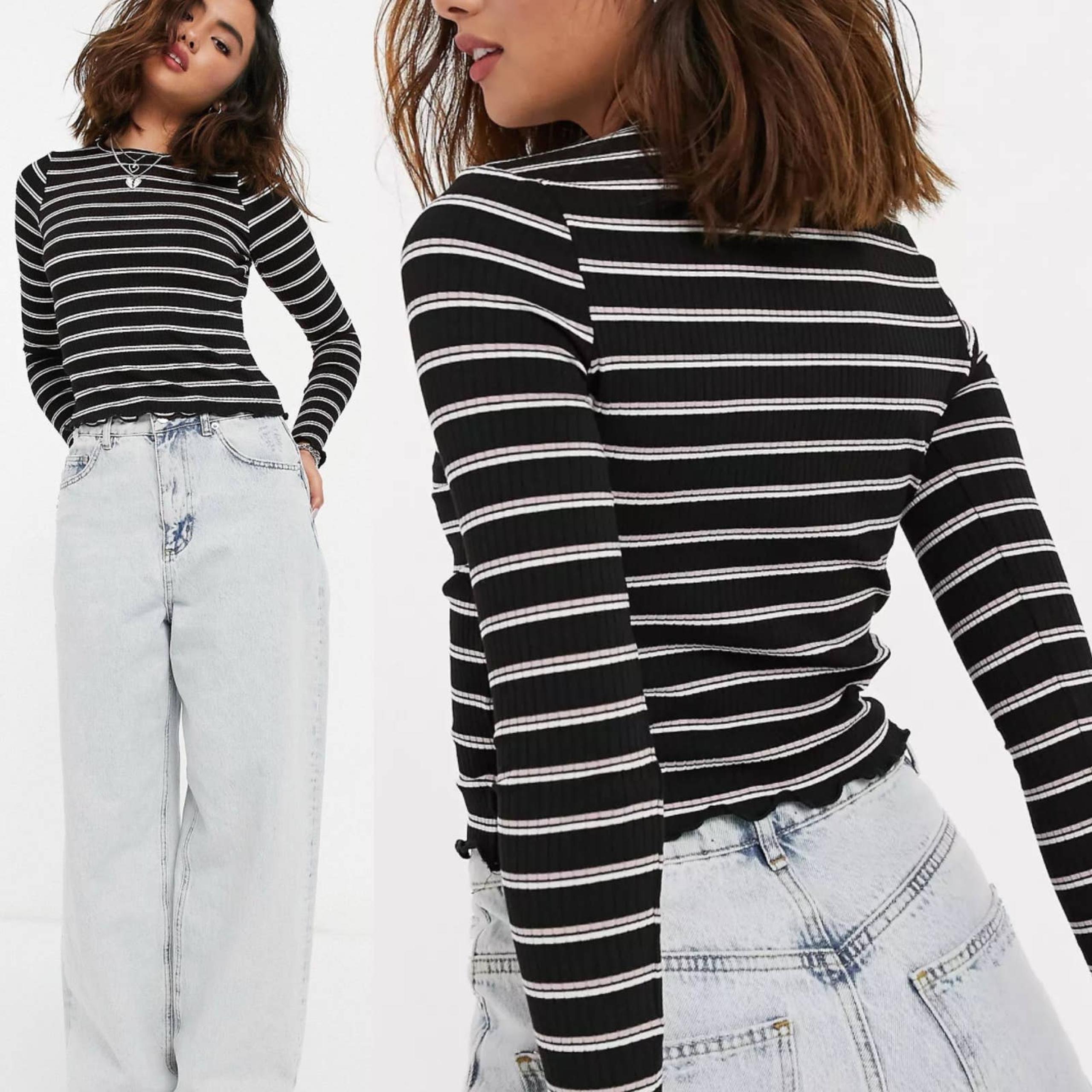 ASOS DESIGN Women’s Long Sleeve Crop Ribbed Top in Pink / Black Stripe 8 Medium