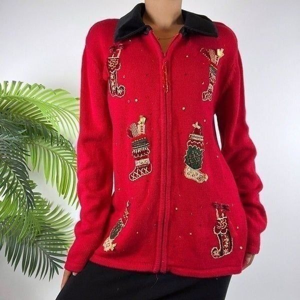Vintage 90s Red Holiday Grandma Ugly Christmas Sweater Oversized Jacket / Small