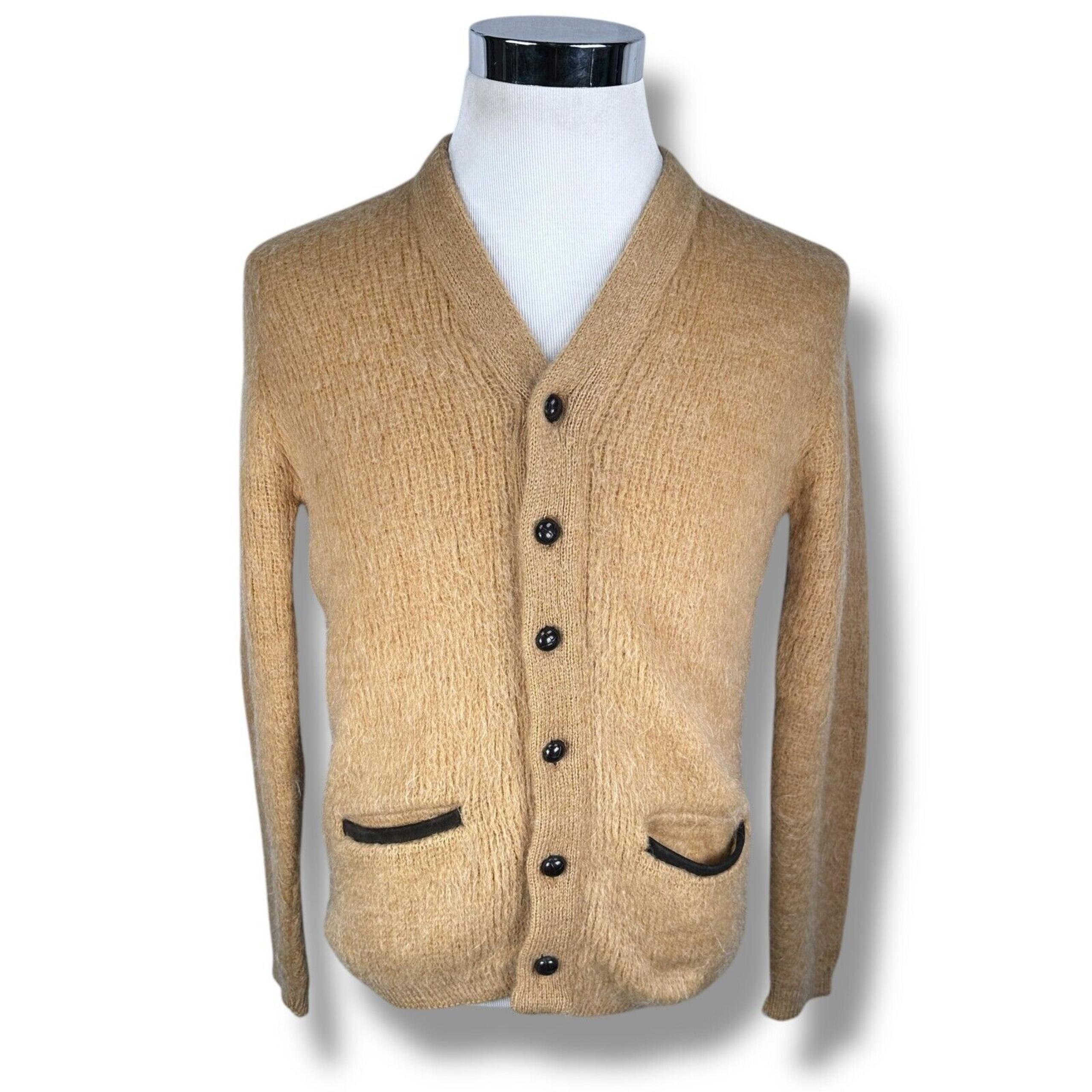 Vintage Revere Cardigan Kurt Cobain Mohair Sweater Mens Medium Tan 60s Elbow Pad