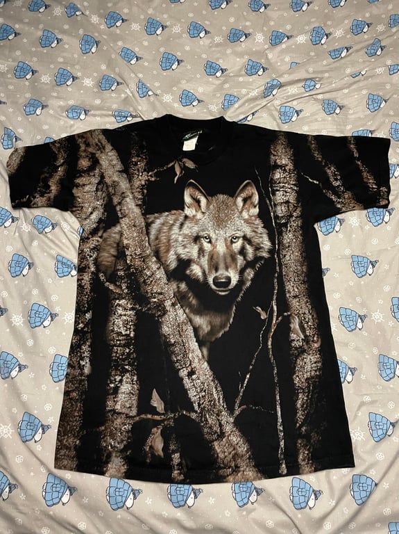 Vintage Wolf Print T Shirt Men’s Large All Over Print AOP Radical Nature 90s￼