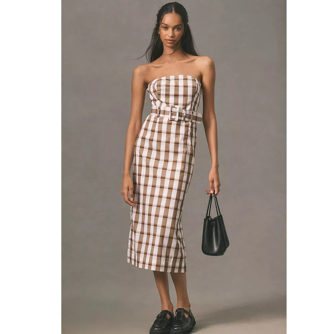 New Anthropologie Maeve Belted Square-Neck Plaid Midi Dress $170 LARGE Brown