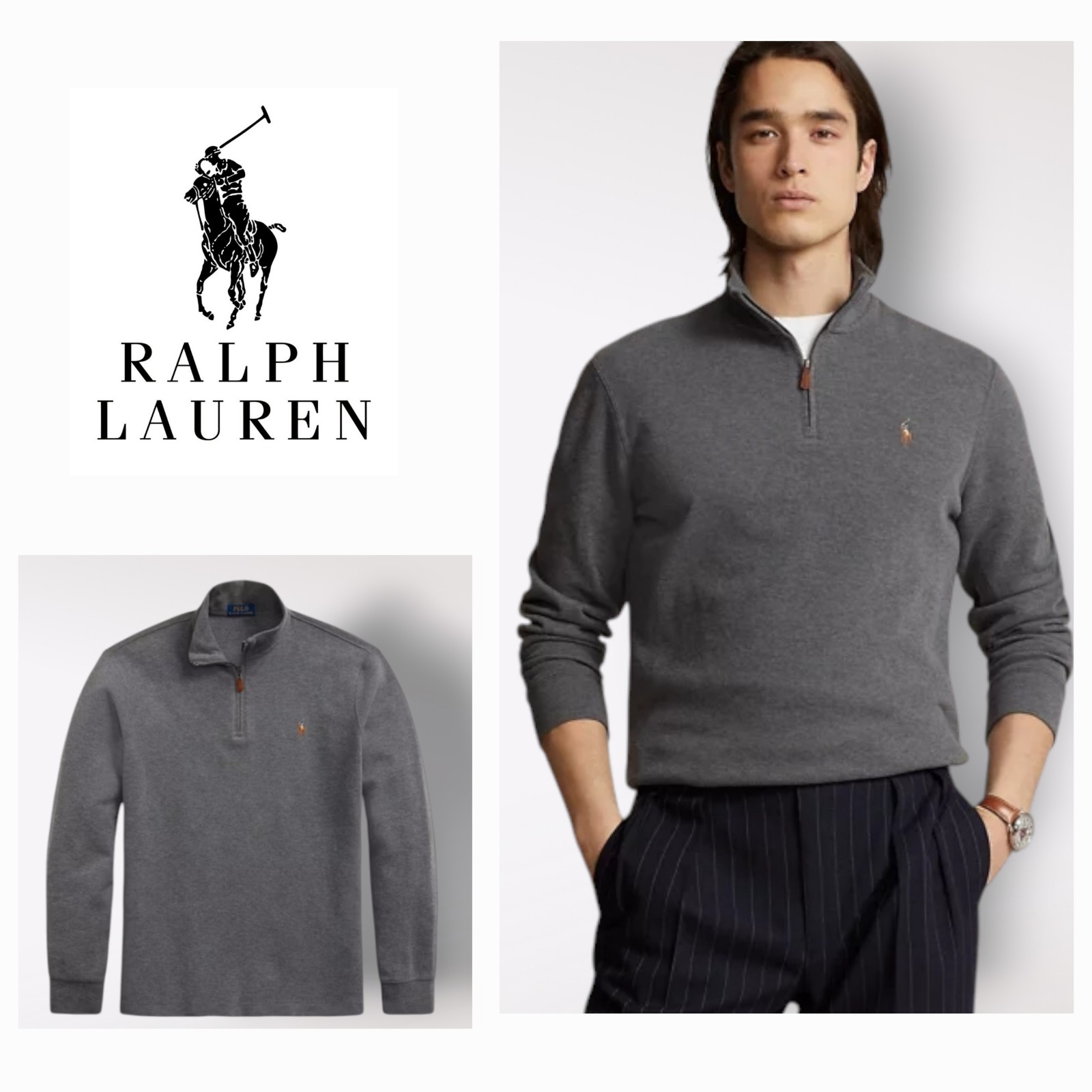 Estate-Rib Quarter-Zip Pullover Sweater grey size medium Polo Ralph Lauren