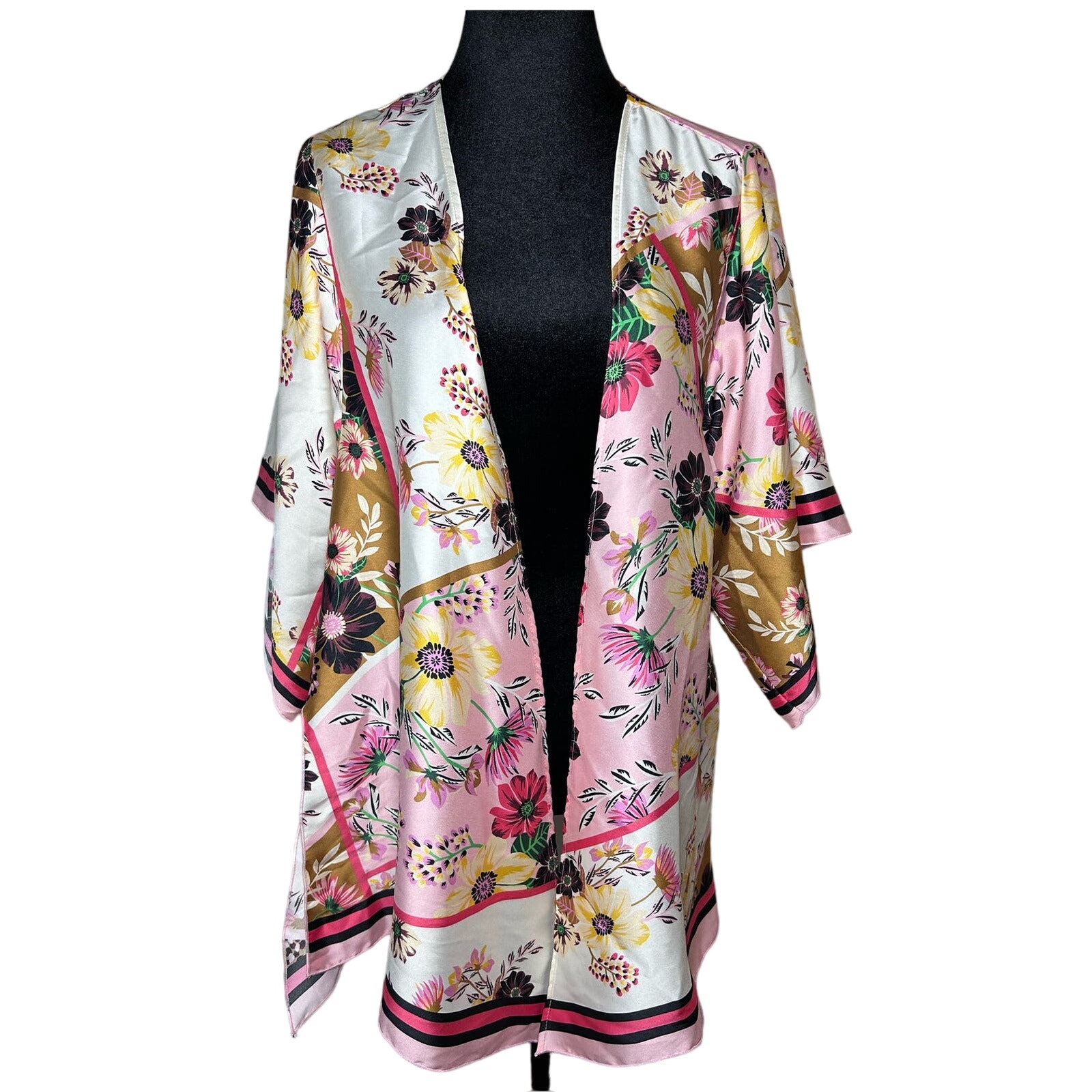 Ivy Jane Kimono Womens Size S/M White Pink Satin Floral Mixed Print Lightweight