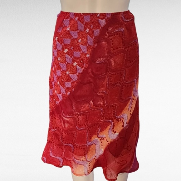 Anthropologie Lapis 90s Red Multi Tribal Watercolor Crepe Slip Skirt Size Large