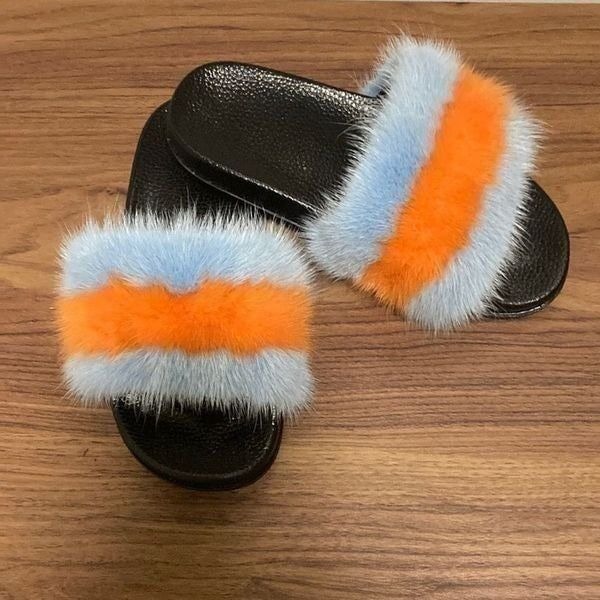 NWOT Genuine Mink Fur slides - Pale Blue and Orange. Size 5.