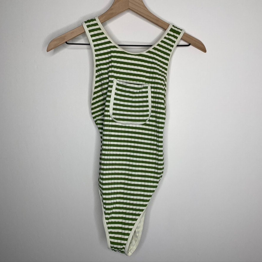 Solid and Striped One Piece Swim Suit Striped Pocket Size Small