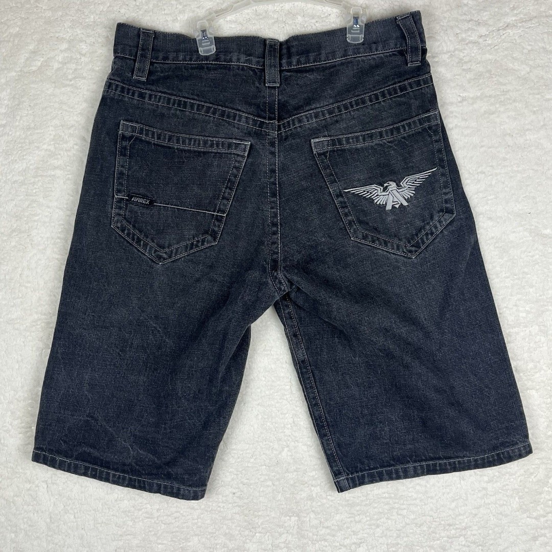 Y2K Avirex Baggy Faded Black Jorts Jean Shorts Mens 34 Skater Grunge Hip Hop