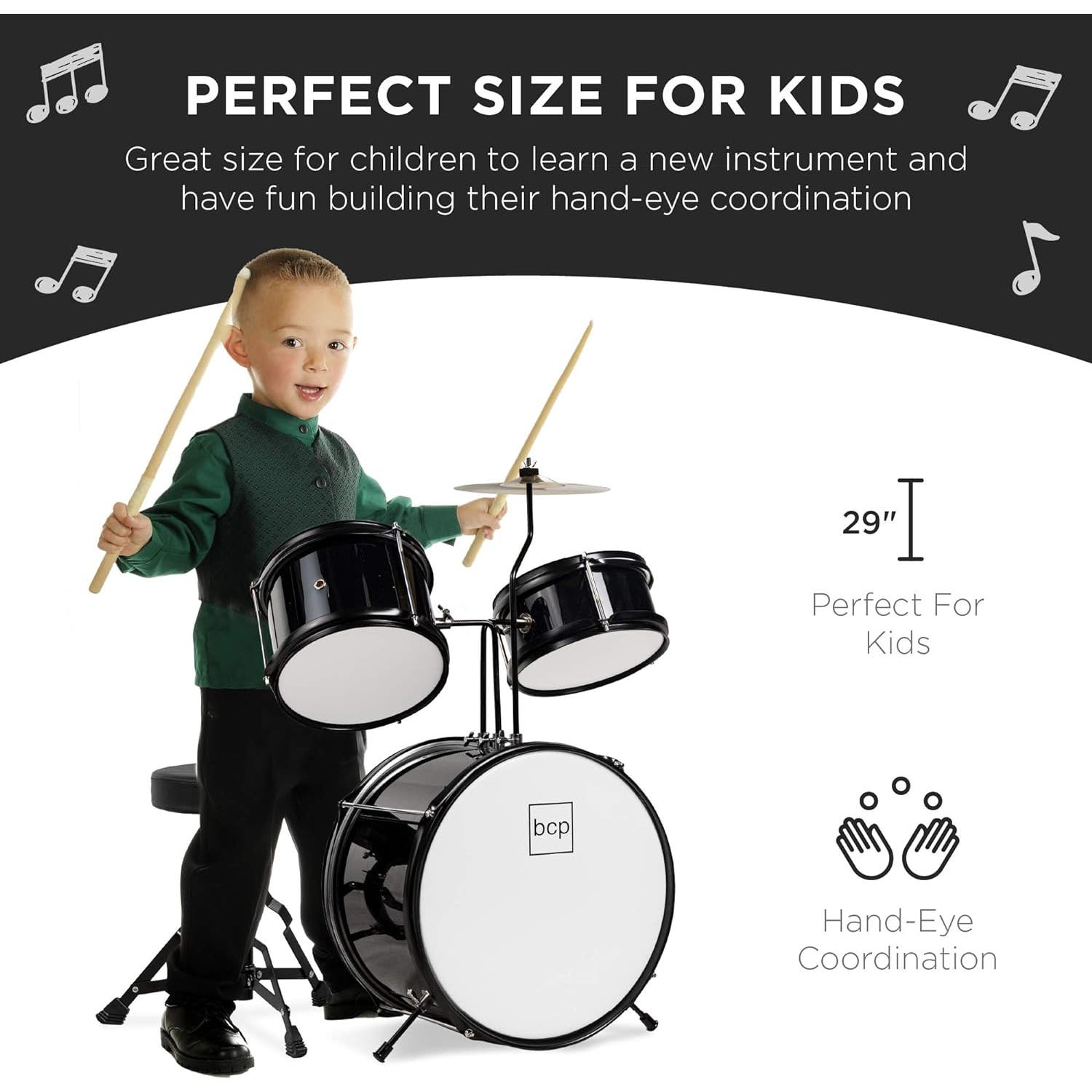 Brand New BCP New Three-Piece Drum set Plus stool for Kids in Black & White