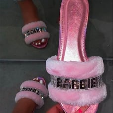 Women Flat Furry Slide Fashion Rhineston