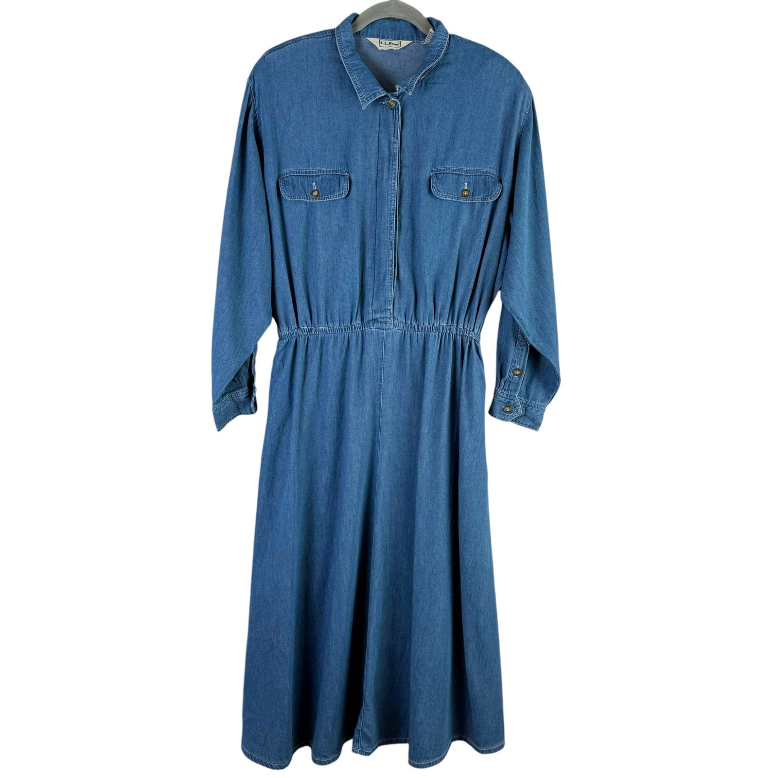 L.L.Bean Vintage Chambray Denim Midi Shirt Dress Long Sleeve in Blue, Size 20P