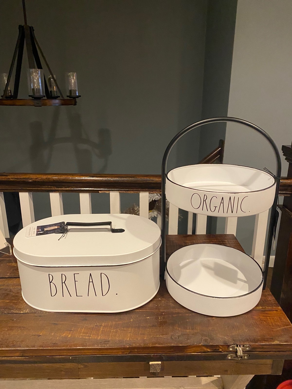 Rae Dunn white organic fruit/veggie tiered tray and white metal bread box