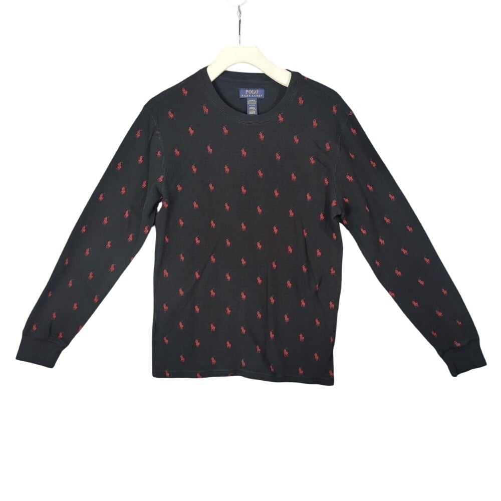 Polo Ralph Lauren Thermal All Over Pony Print Top Long Sleeve Black Women Size M