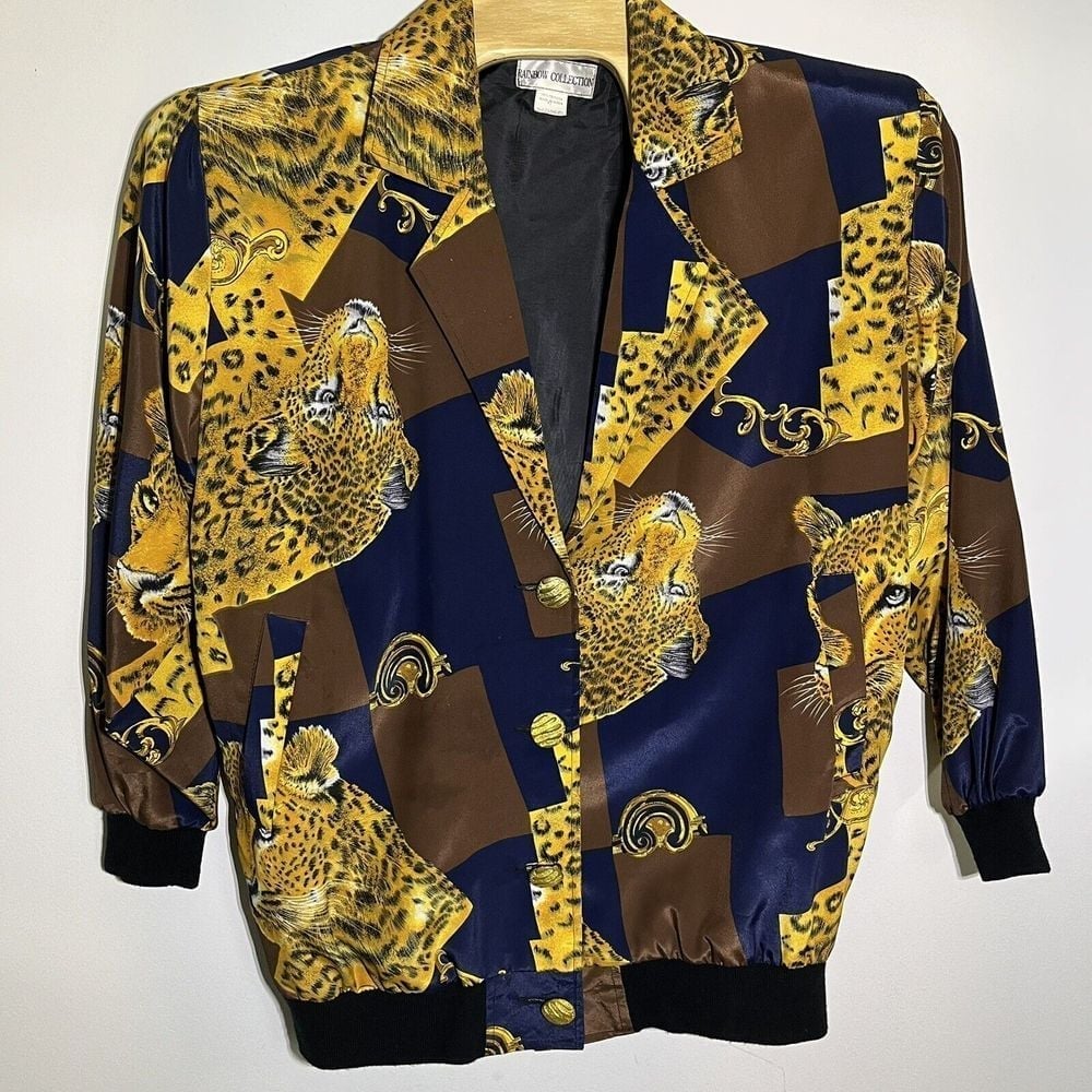 Vintage 90's 3X Navy Cheetah Gold Button Blazer Jacket Art Rainbow Collection
