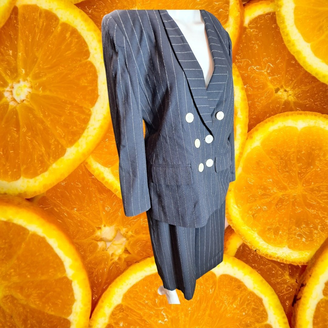 Jacqueline Ferrar Striped Double Breasted Blazer & Skirt Suit Set Size 12P