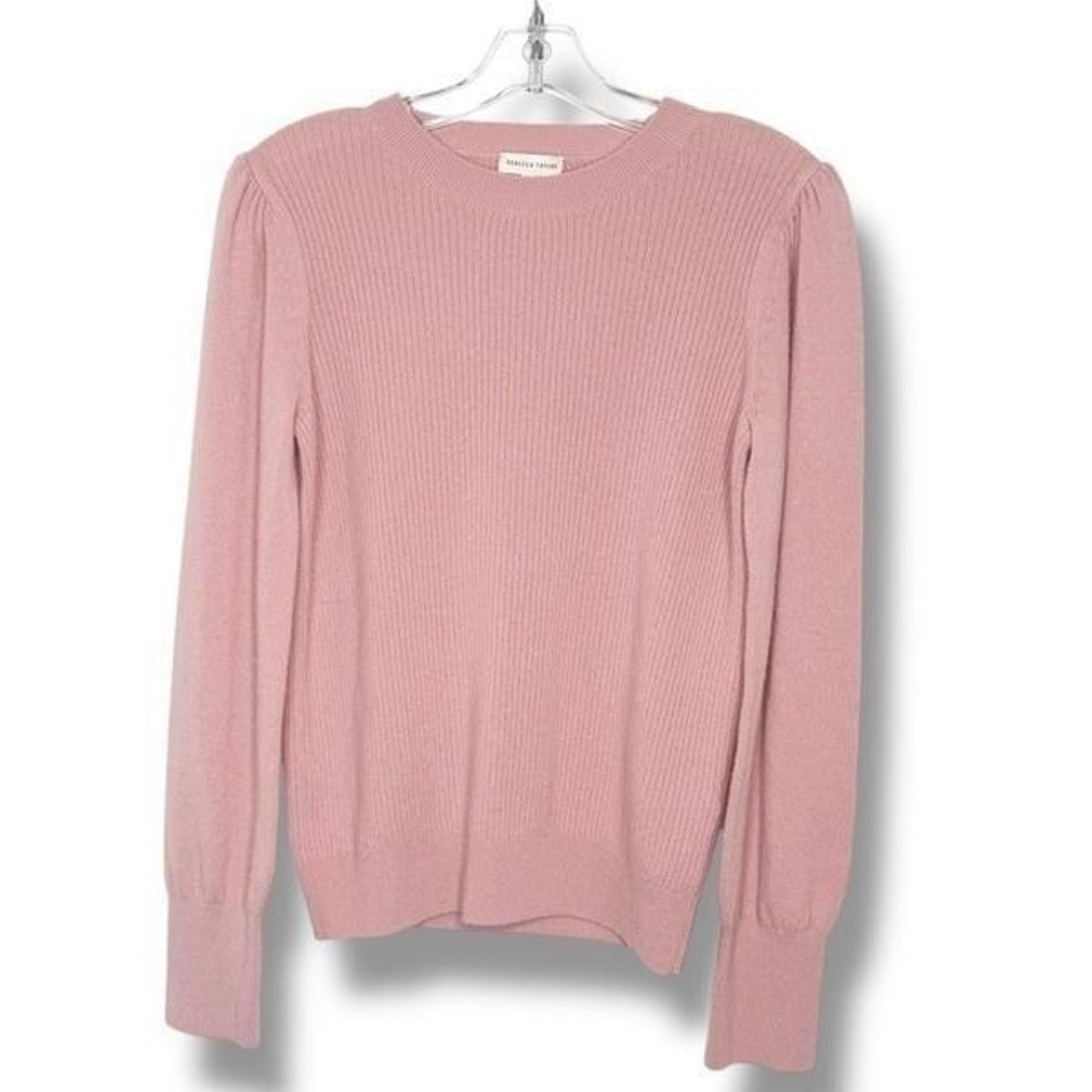 REBECCA TAYLOR 100% Cashmere Sweater Crew Neck Puff Sleeve Ribbed Pink Size L