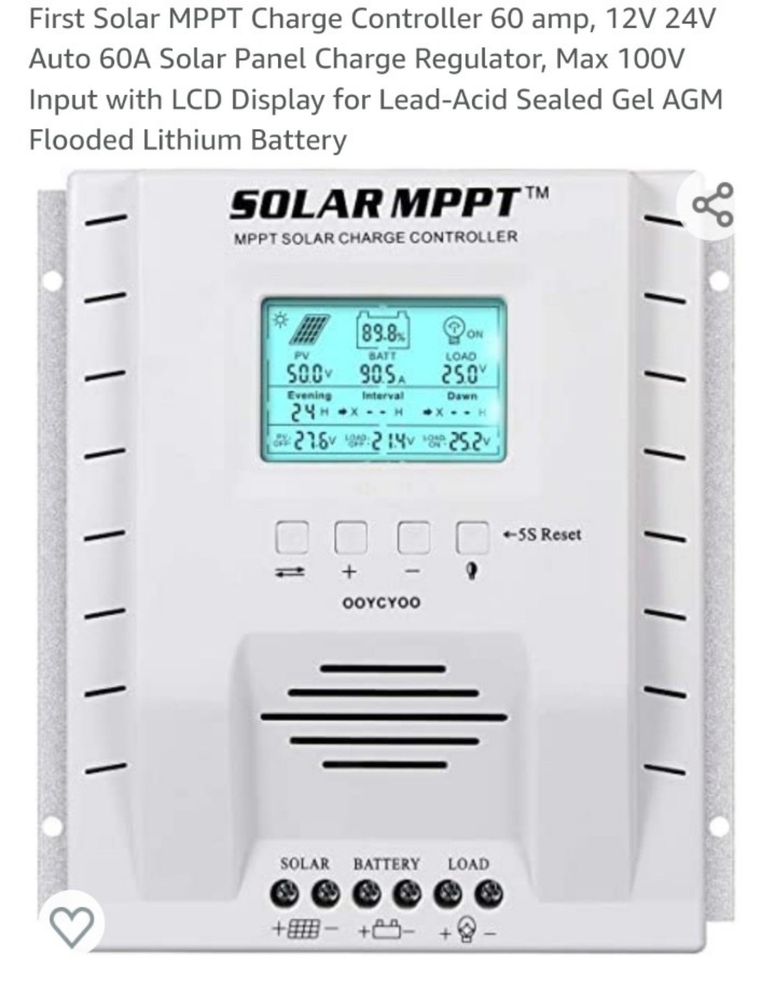 First Solar MPPT Charge Controller 60 amp, 12V 24V Auto 60A Solar Panel Charge R
