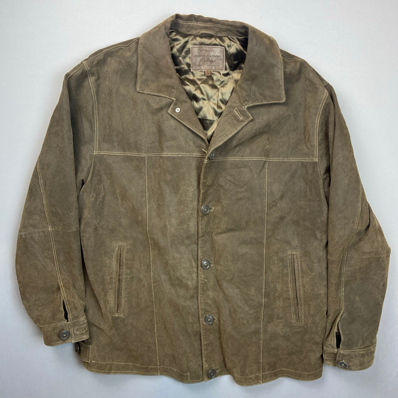 Boston Harbour Vintage Leather Jacket Brown Men’s XL Button Suede Quilted