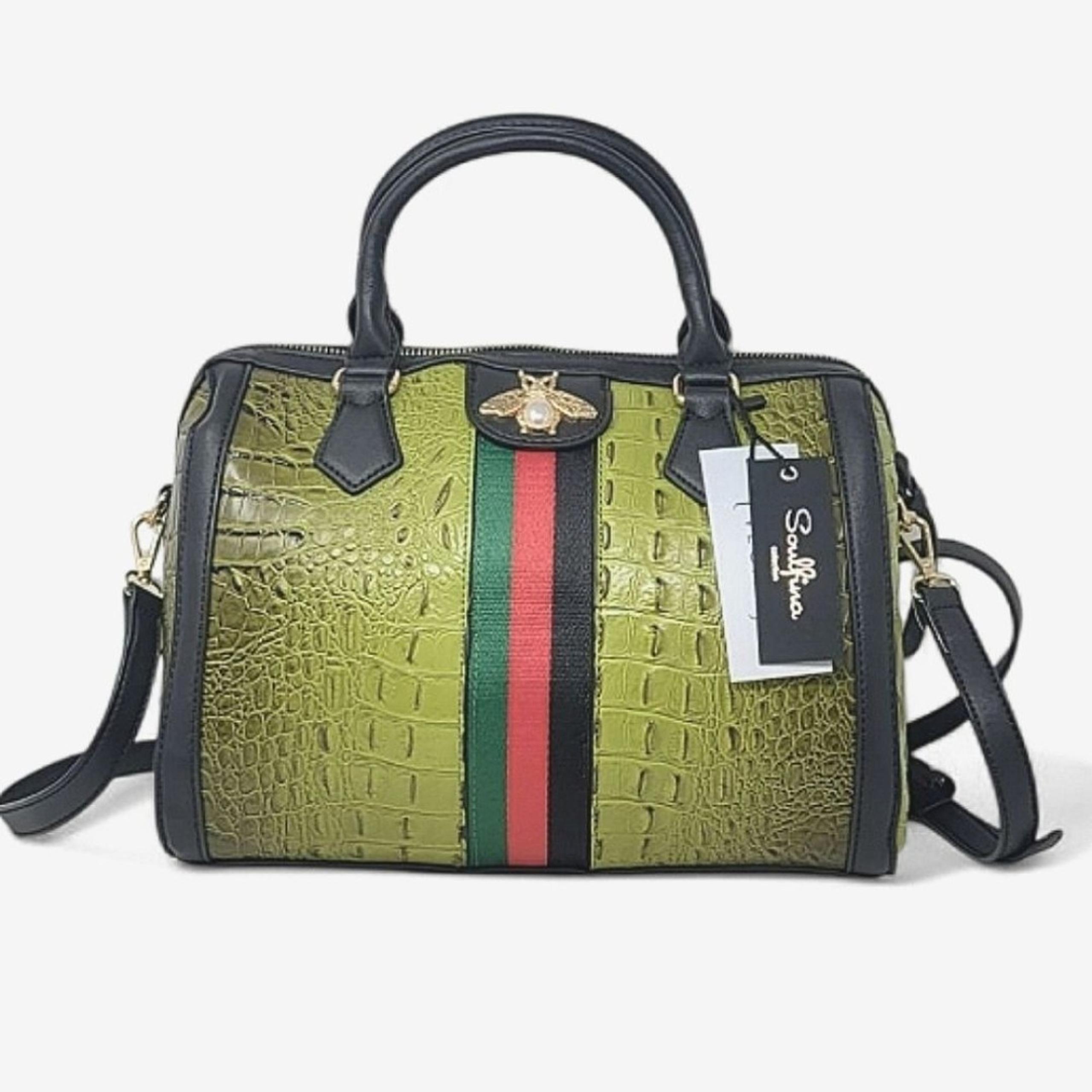 Sage Green Faux Croc Large Bee striped  Boston Bag