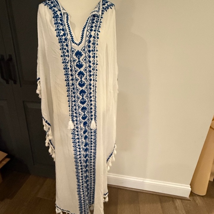 Melissa Odabash Boho Embroidered Maxi Kaftan Swim Cover-up, Tassle, Designer, OS