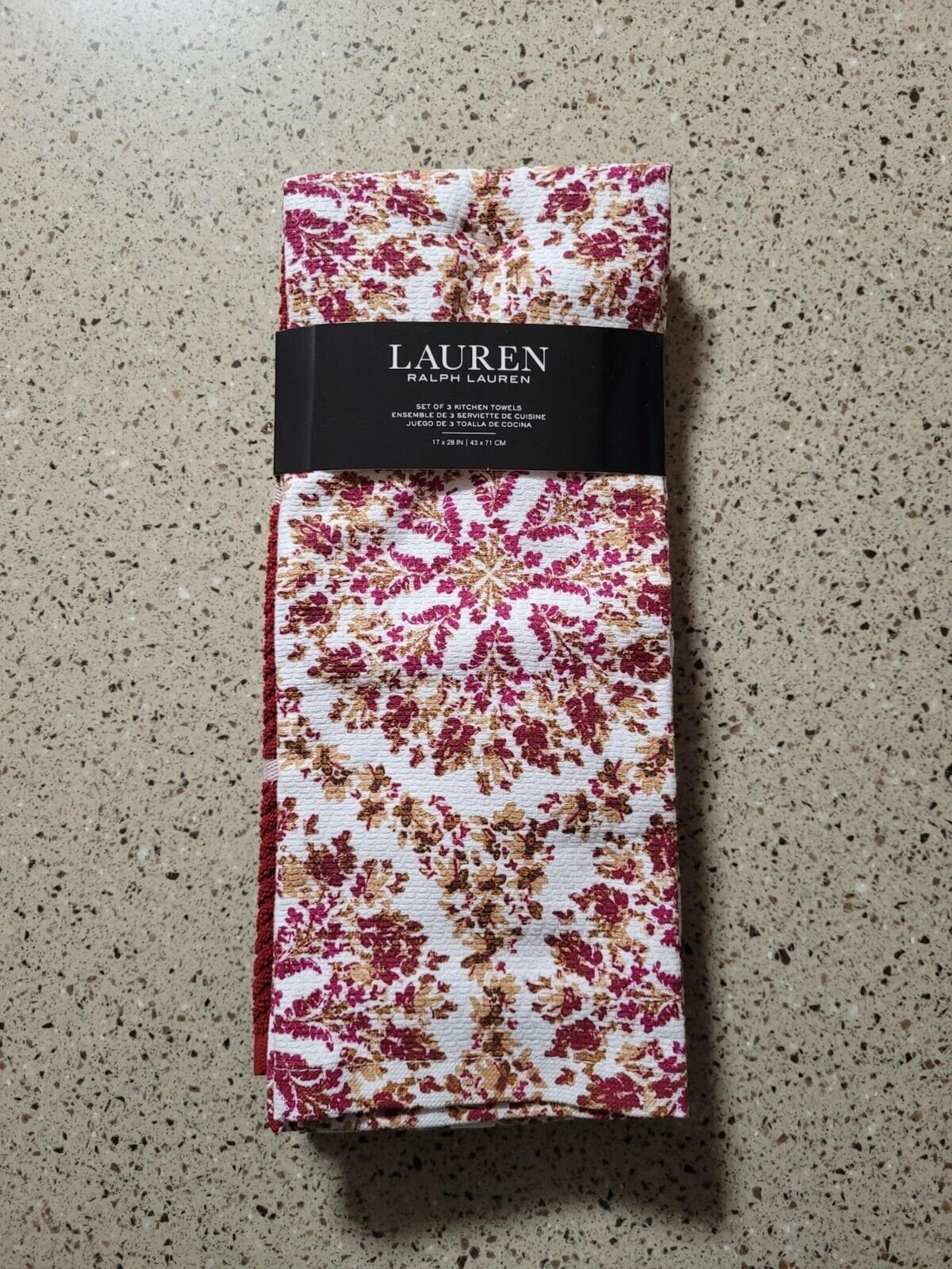 Ralph Lauren Kitchen Towels Set Of 3 (2 Mauve/Brown Pattern, 1 Red ) 17x28in