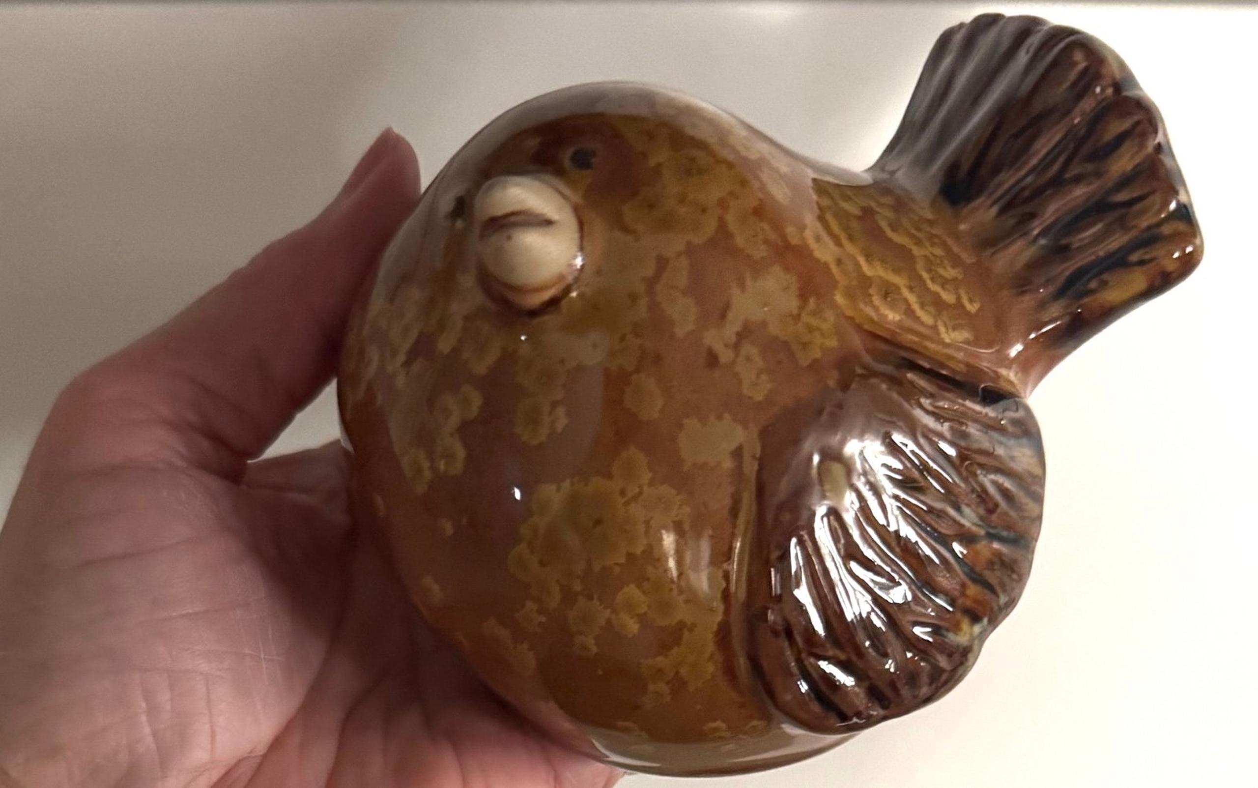 Small Whimsical Brown Glazed Pottery Stoneware Sitting Bird Ceramic Figurine