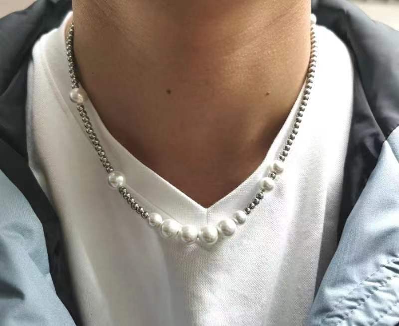 Mens Pearl Necklace Hip Hop Stainless Steel Ball Beaded