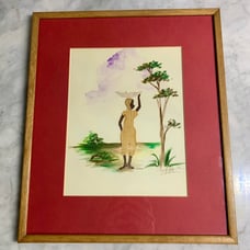 VTG African Art Watercolor And Natural Material 1990 Women With Basket On Head