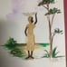 VTG African Art Watercolor And Natural Material 1990 Women With Basket On Head