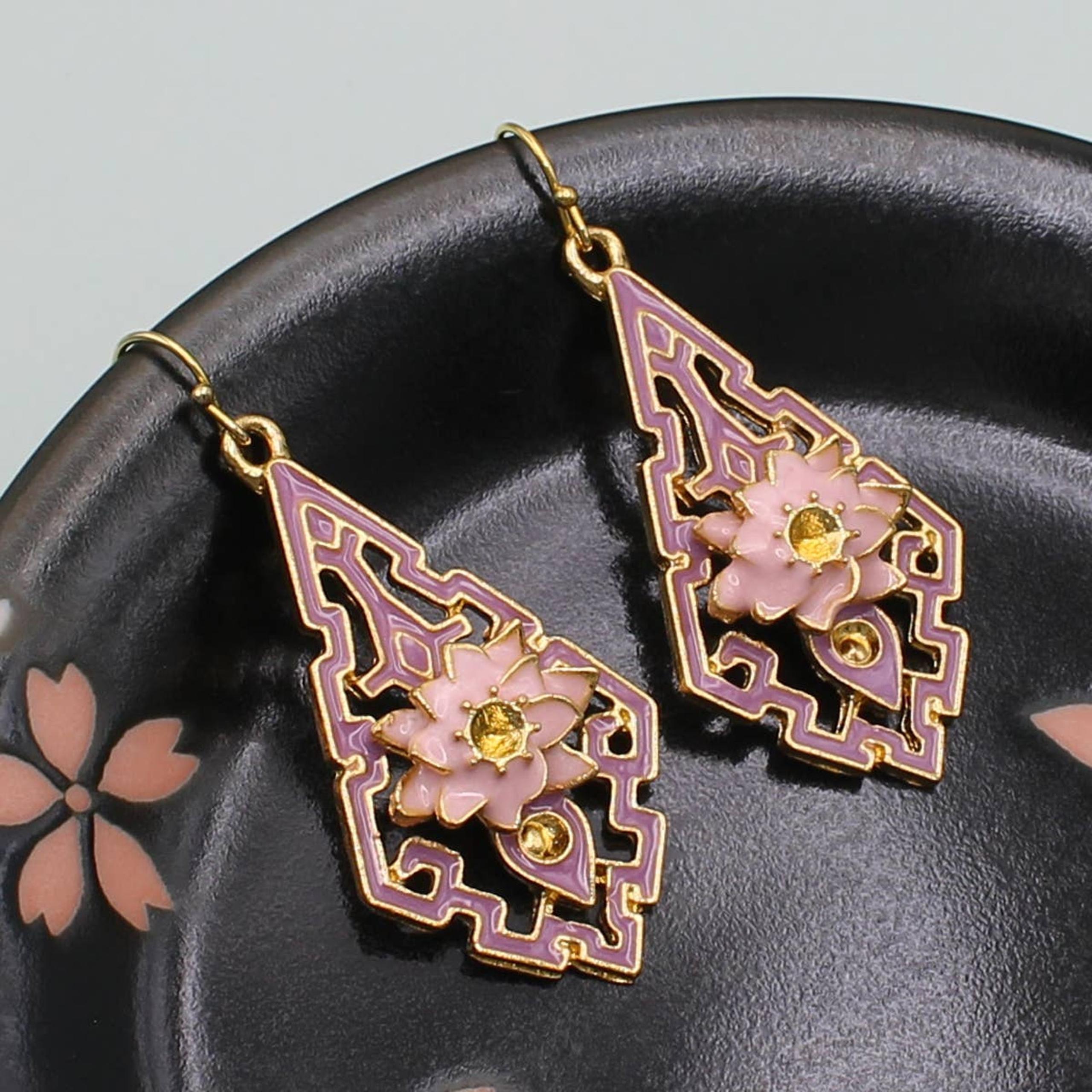Pink Vintage Look Enamel Flower Gold Dangle Earrings