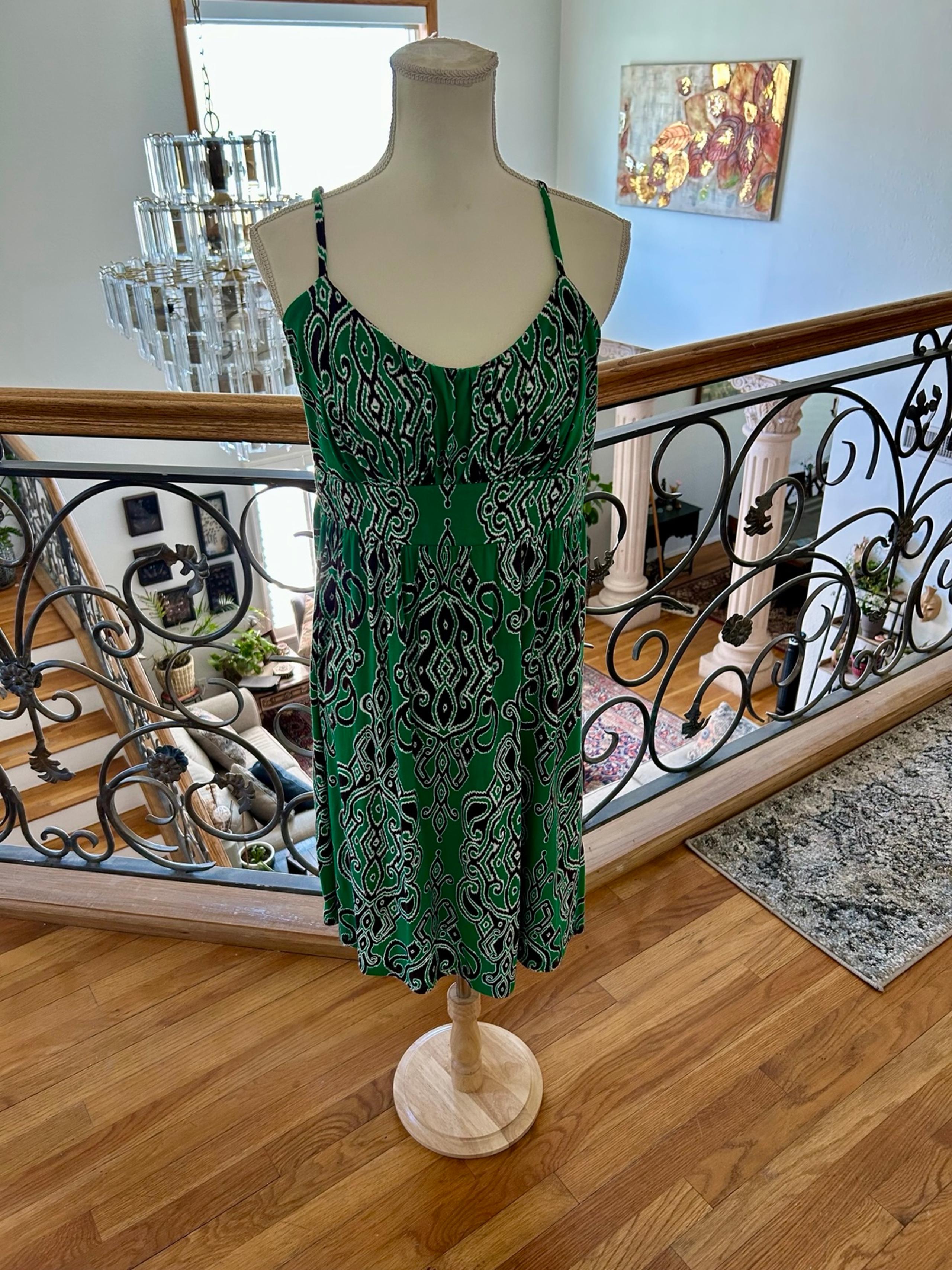 INC Green w Brown Spaghetti Strap Knee Length Dress Women’s Sz Large
