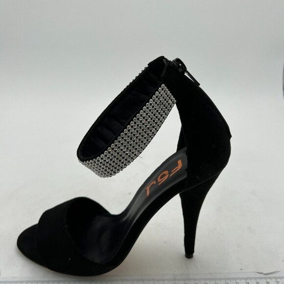FSJ Black Suede Crystal Classic High Heel Sandals Open Toe Ankle Strap Shoe