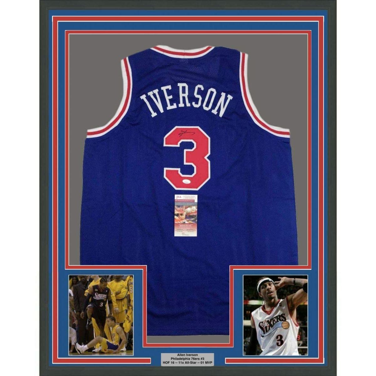 Framed Autographed/Signed Allen Iverson 35x39 Philadelphia Blue Jersey JSA COA
