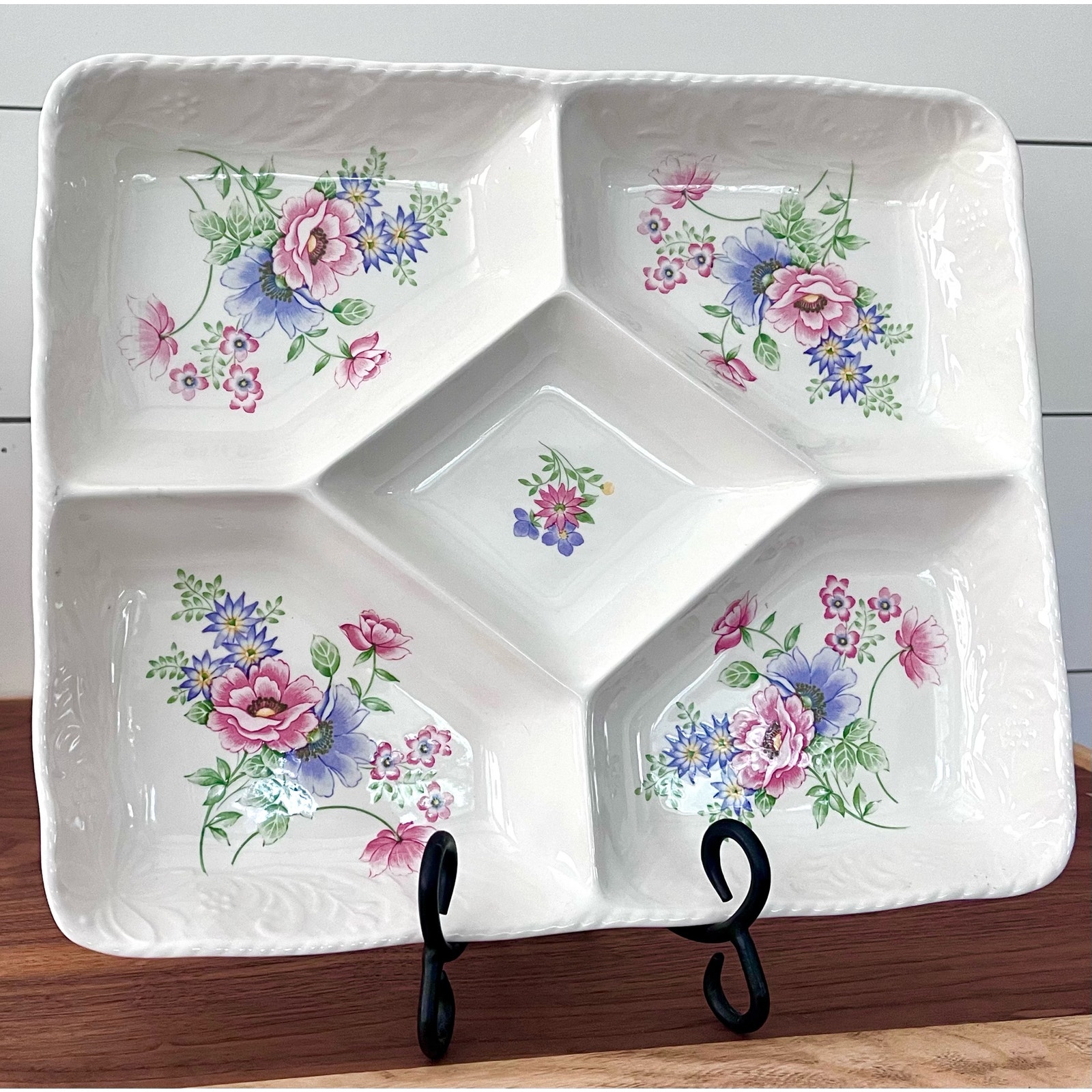 Vtg Five Compartment Floral Serving Platter/Tray -No Center Lid Appetizer Dish